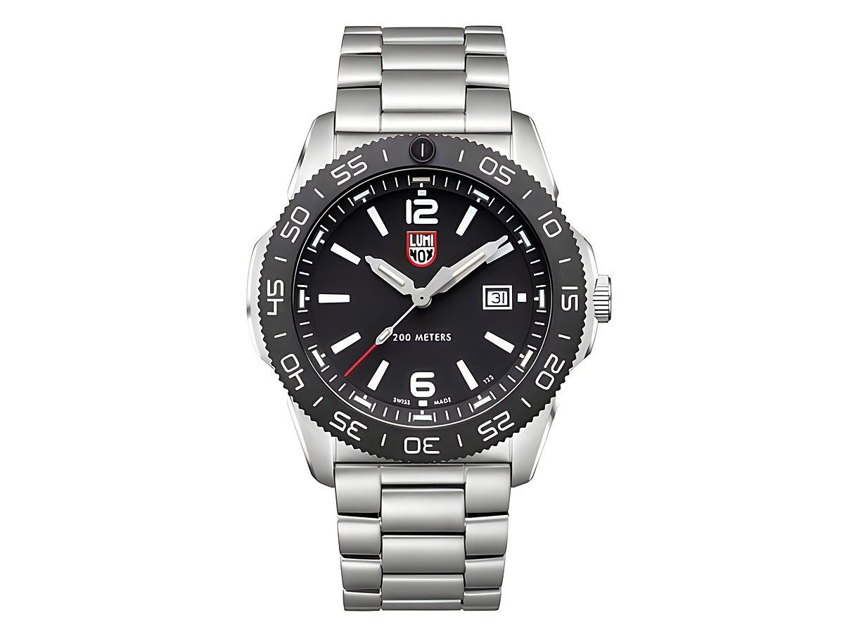 Luminox Sea XS.3122 Herren Armbanduhr mit schwarzem Zifferblatt, silbernem Edelstahlarmband, Datumsanzeige und drehbarer Lünette, wasserdicht bis 200 Meter, 44 mm Gehäusedurchmesser.
