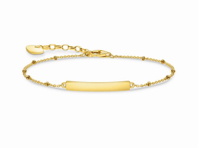 Vergoldetes Thomas Sabo Armband in Gelbgold mit einer schlichten, geraden Plakette und feiner Gliederkette, verstellbar von 16 bis 19 cm, elegantes Schmuckstück für jeden Anlass.