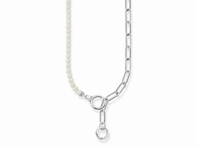 Elegante Gliederkette von Thomas Sabo mit Silber, Perlen und Zirkonia in Weiß, 47 cm lang, moderne Kombination aus feinen Perlen und robusten Gliedern, ideal für vielseitige Stylings.