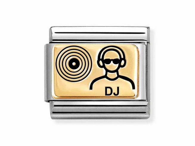 Goldene Emaille mit DJ-Motiv und Schallplatte im Hintergrund, passend für Nomination Classic Gold 030166 55, ideal für Musikliebhaber im Alltag.