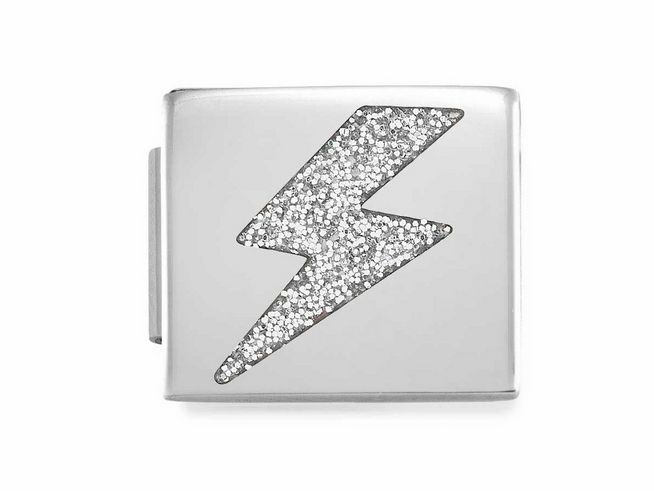 Charm aus Edelstahl mit einem glitzernden Blitzdesign in Silber, geeignet für die Nomination Classic GLAM Kollektion, kombiniert Edelstahl mit Emaille, Modellnummer 230202 05, Thunderbolt Silber GLITTER.