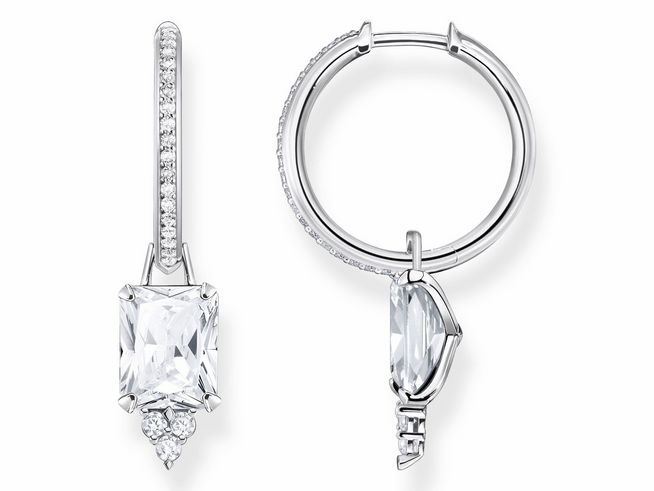 Thomas Sabo Creolen aus Sterling Silber mit weißen Zirkonia, elegantem Design, bestehend aus einem runden Ohrhänger mit funkelnden Akzenten sowie einem Anhänger in wasserfallähnlicher Form.