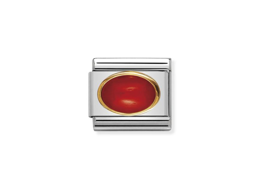 Ovaler roter Stein aus Koralle eingefasst in einem silbernen Element mit goldfarbener Umrandung, Teil der NOMINATION Classic Kollektion, Modellnummer 030502 11, Hersteller Nomination.