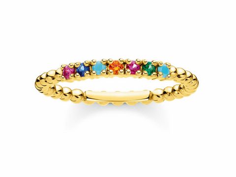 Silberner Ring von Thomas Sabo in Größe 56 mit bunten glass-ceramic Steinen aus synthetischem Korund und Zirkonia, verziert mit einer eleganten Gelbgold-Oberfläche.