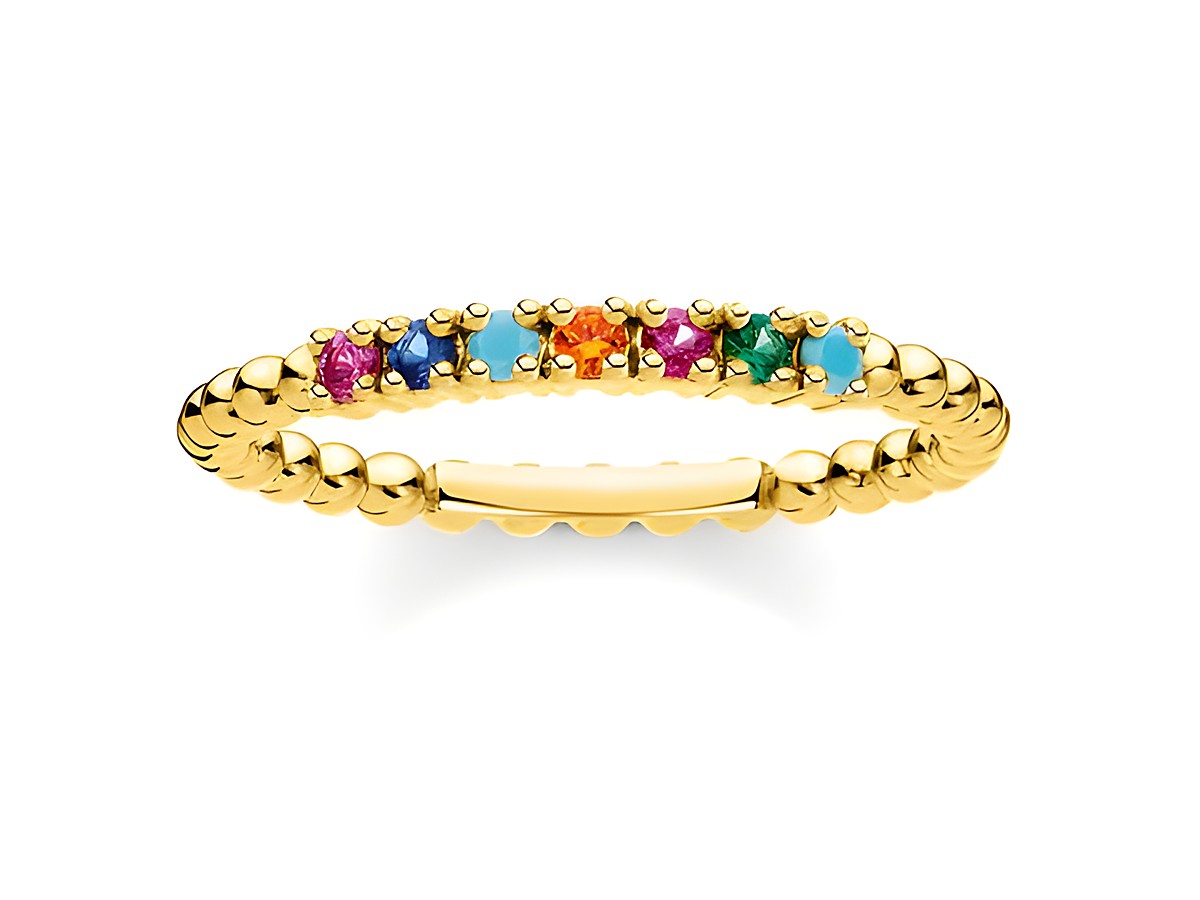 Silberner Ring von Thomas Sabo in Größe 56 mit bunten glass-ceramic Steinen aus synthetischem Korund und Zirkonia, verziert mit einer eleganten Gelbgold-Oberfläche.