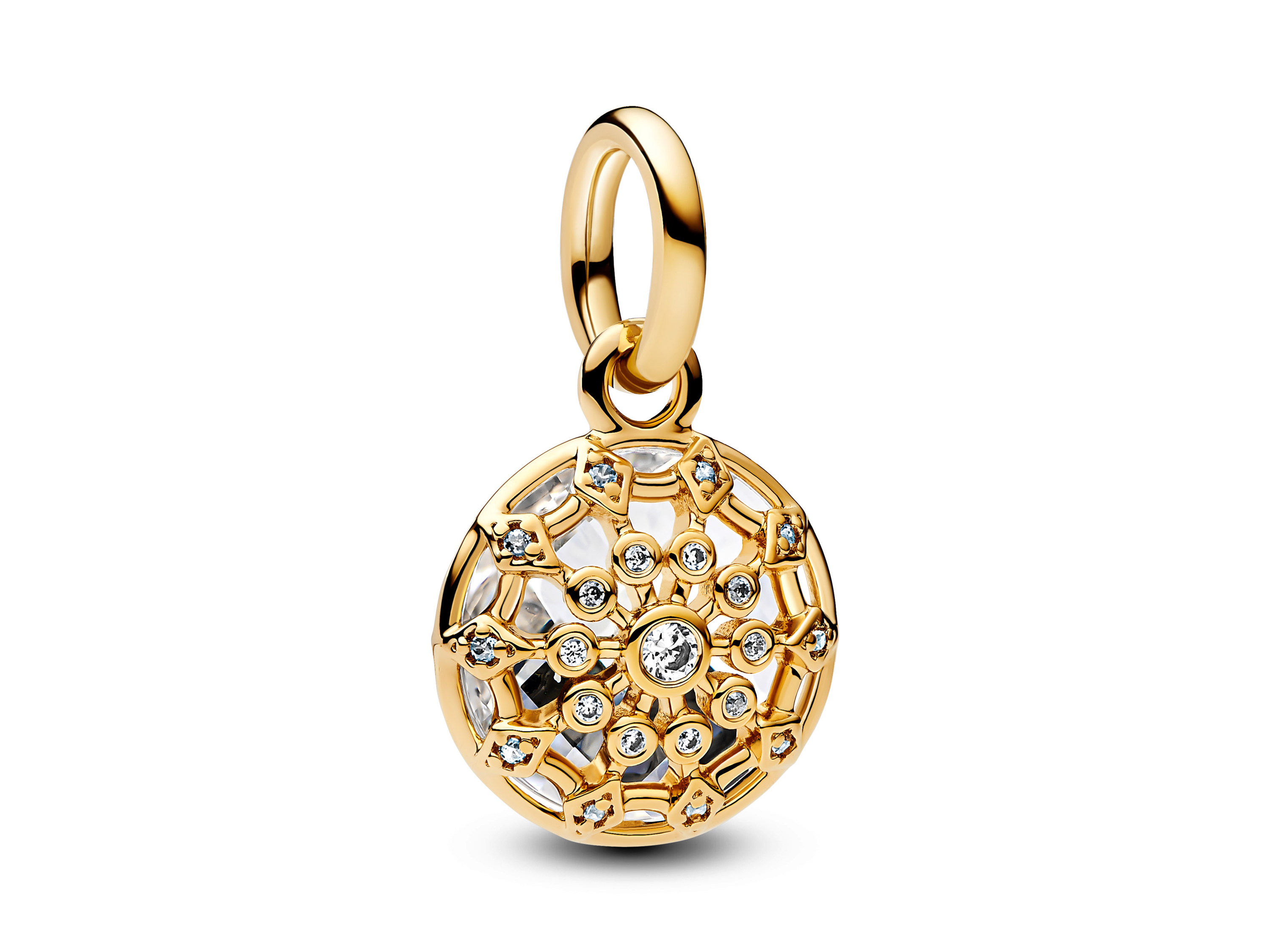 Der Charm von Pandora in Gelbgold Vergoldung zeigt ein filigranes Design mit funkelnden Zirkonia-Steinen, inspiriert vom Galeries Lafayette Dome, ideal für eleganten Schmuck.