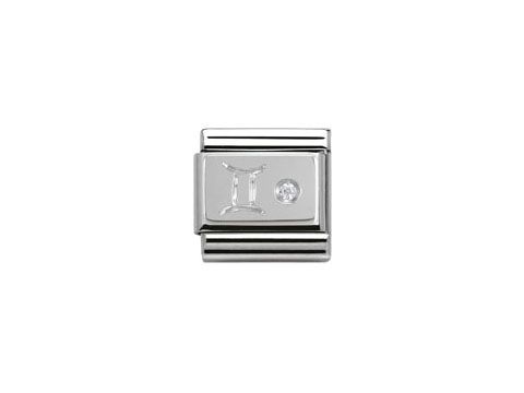Sternzeichen Zwillinge Charm von Nomination in Silber mit Zirkonia, präsentiert das Zeichen der Zwillinge und einen strahlenden Stein, perfekt für eine charmante Ergänzung.