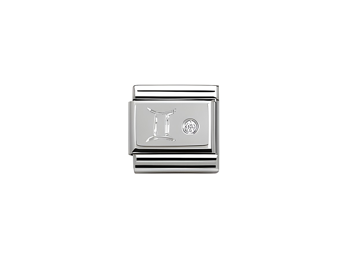 Sternzeichen Zwillinge Charm von Nomination in Silber mit Zirkonia, präsentiert das Zeichen der Zwillinge und einen strahlenden Stein, perfekt für eine charmante Ergänzung.