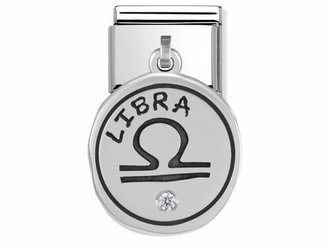 Silbernes Sternzeichenmedaillon Waage mit dem Schriftzug Libra und einem Monatsstein in der Mitte, passend für die Schmuckkollektion von Nomination.