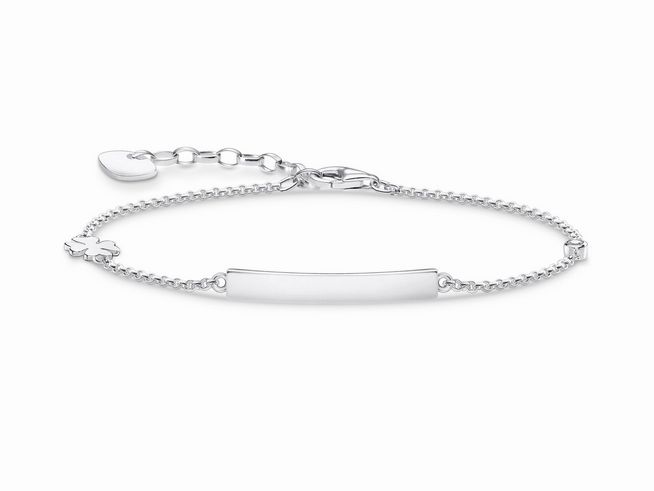 Silbernes Armband von Thomas Sabo mit einer flexiblen Kette und einer glatten Plakette zur individuellen Gestaltung, einstellbare Länge von 16 bis 19 cm, elegantes und zeitloses Design.