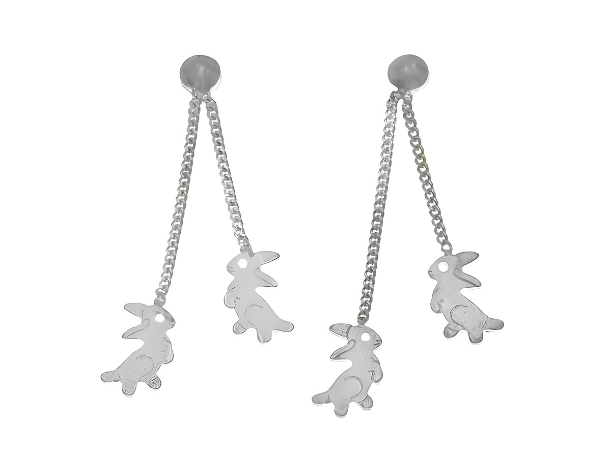 Ohrstecker Hasen aus poliertem Sterling Silber, niedliches Design mit zwei anhängenden Hasen, hergestellt von Juwelier Harnisch, ideal für Kinder.