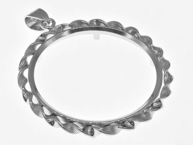 Münzfassung Anhänger aus 925 Sterling Silber rhodiniert, mit filigraner Kordelgestaltung, geeignet für Münzen bis 4,0 cm Durchmesser, Hersteller Juwelier Harnisch.