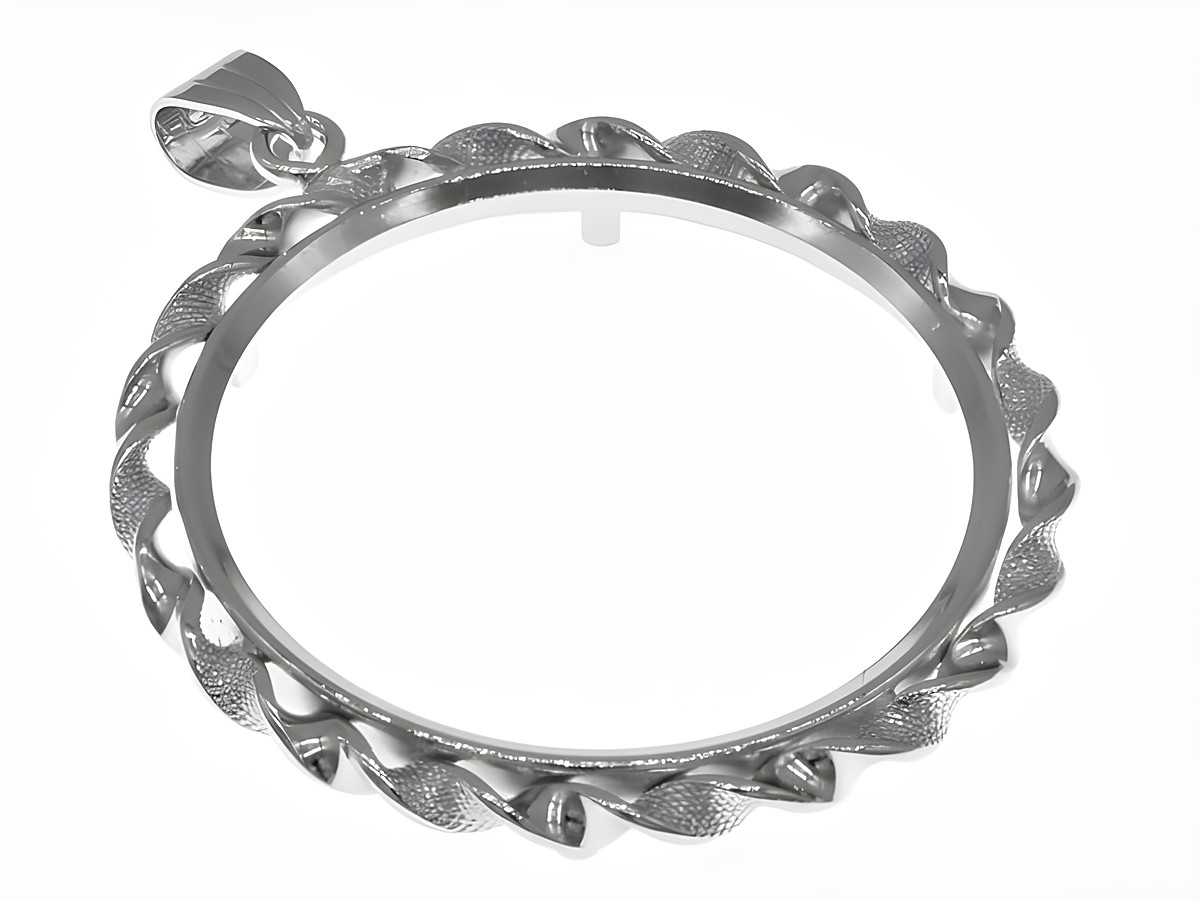 Münzfassung Anhänger aus 925 Sterling Silber rhodiniert, mit filigraner Kordelgestaltung, geeignet für Münzen bis 4,0 cm Durchmesser, Hersteller Juwelier Harnisch.