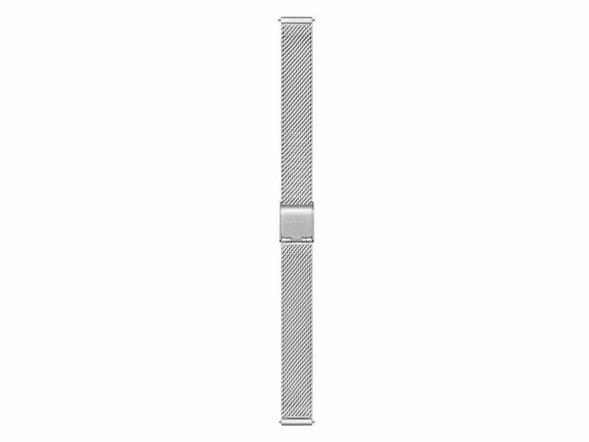 Milanaise Edelstahl Uhrenarmband von Mondaine in silber, 12 mm breit, elegant und feinmaschig, ideal für Uhrenmodelle mit einer klassischen Note, robust und zeitlos im Design.
