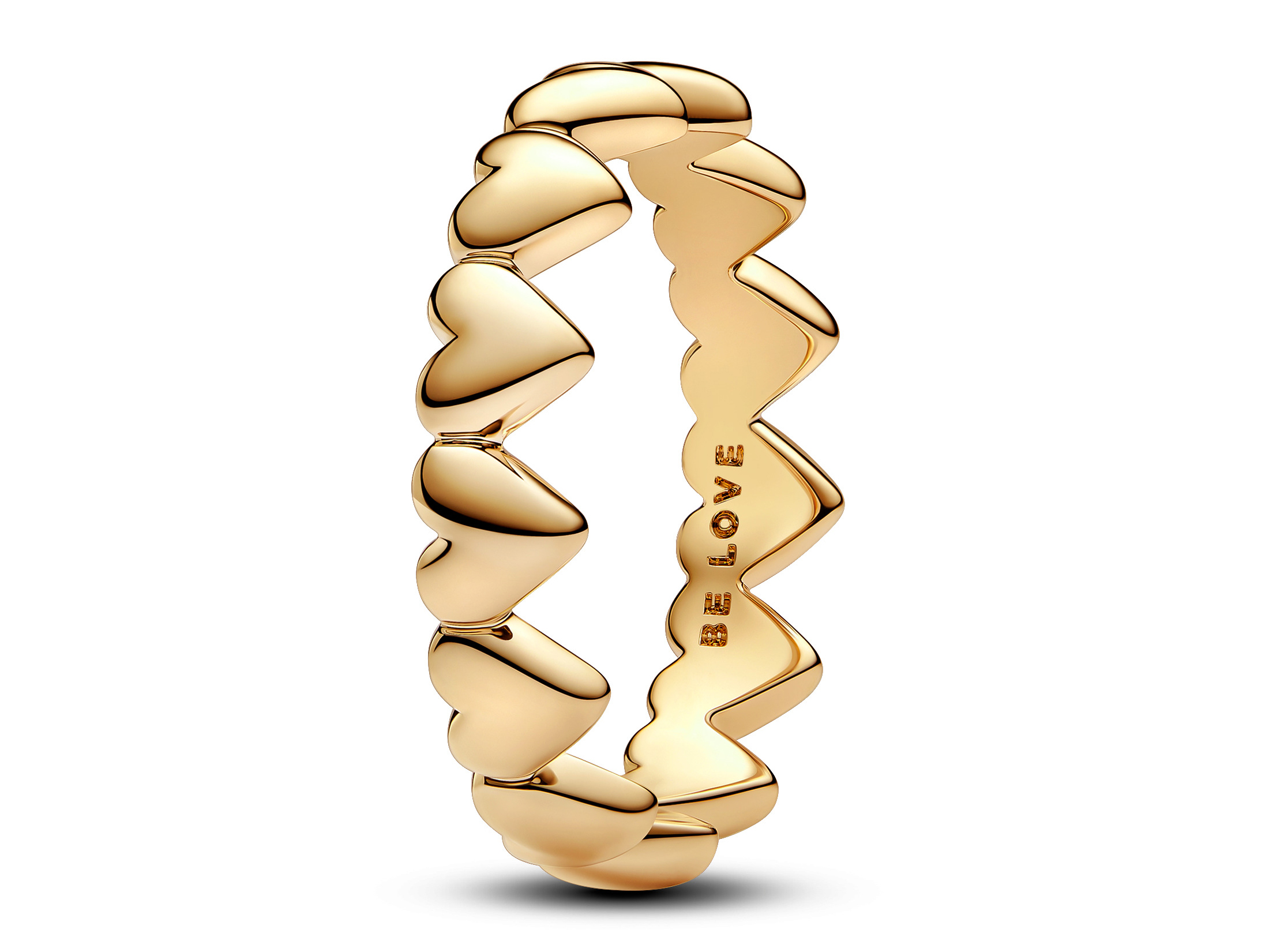 Pandora 163427C00-60 Reihe von Herzen Ring - Gelbgold vergoldet - Gr. 60 Der Ring von Pandora in Gelbgold vergoldet zeigt eine Reihe von Herzen und die eingravierte Aufschrift Be Love, Größe 60, ideal als stilvolles Schmuckstück für besondere Anlässe.