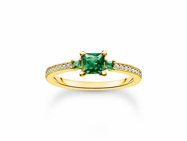 Eleganter Thomas Sabo Ring aus Sterling Silber vergoldet in Größe 56 mit einem grünen Edelstein in der Mitte und funkelnden Zirkonia-Steinen an den Seiten.