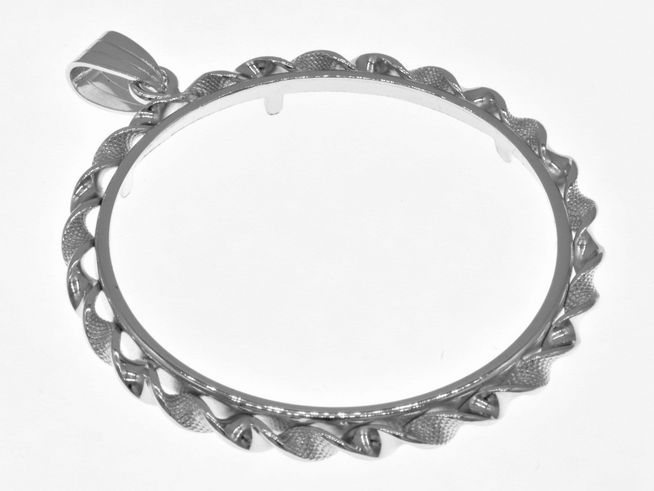 Münzfassung Anhänger aus rhodiniertem 925 Sterling Silber mit geflochtenem Design, geeignet für Münzen bis 39 mm Durchmesser, Hersteller Juwelier Harnisch.