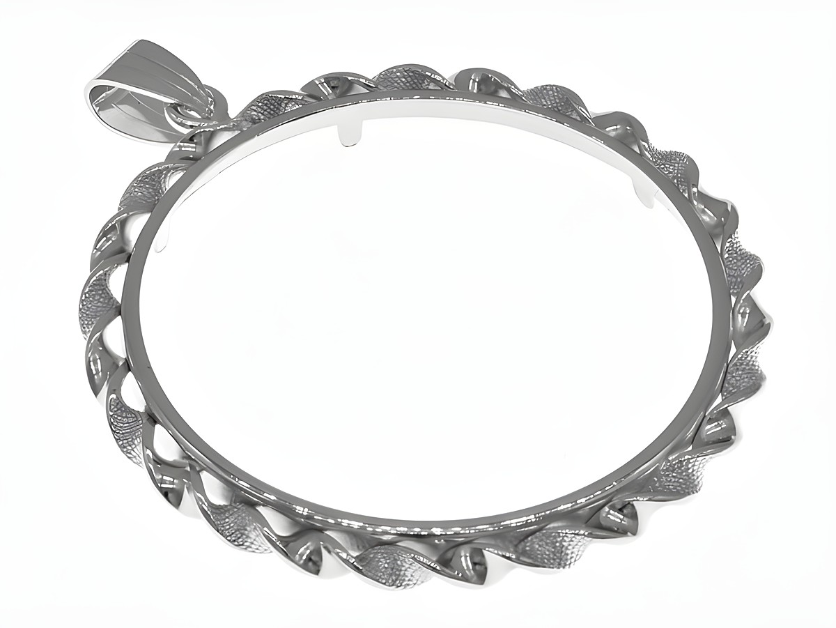 Münzfassung Anhänger aus rhodiniertem 925 Sterling Silber mit geflochtenem Design, geeignet für Münzen bis 39 mm Durchmesser, Hersteller Juwelier Harnisch.