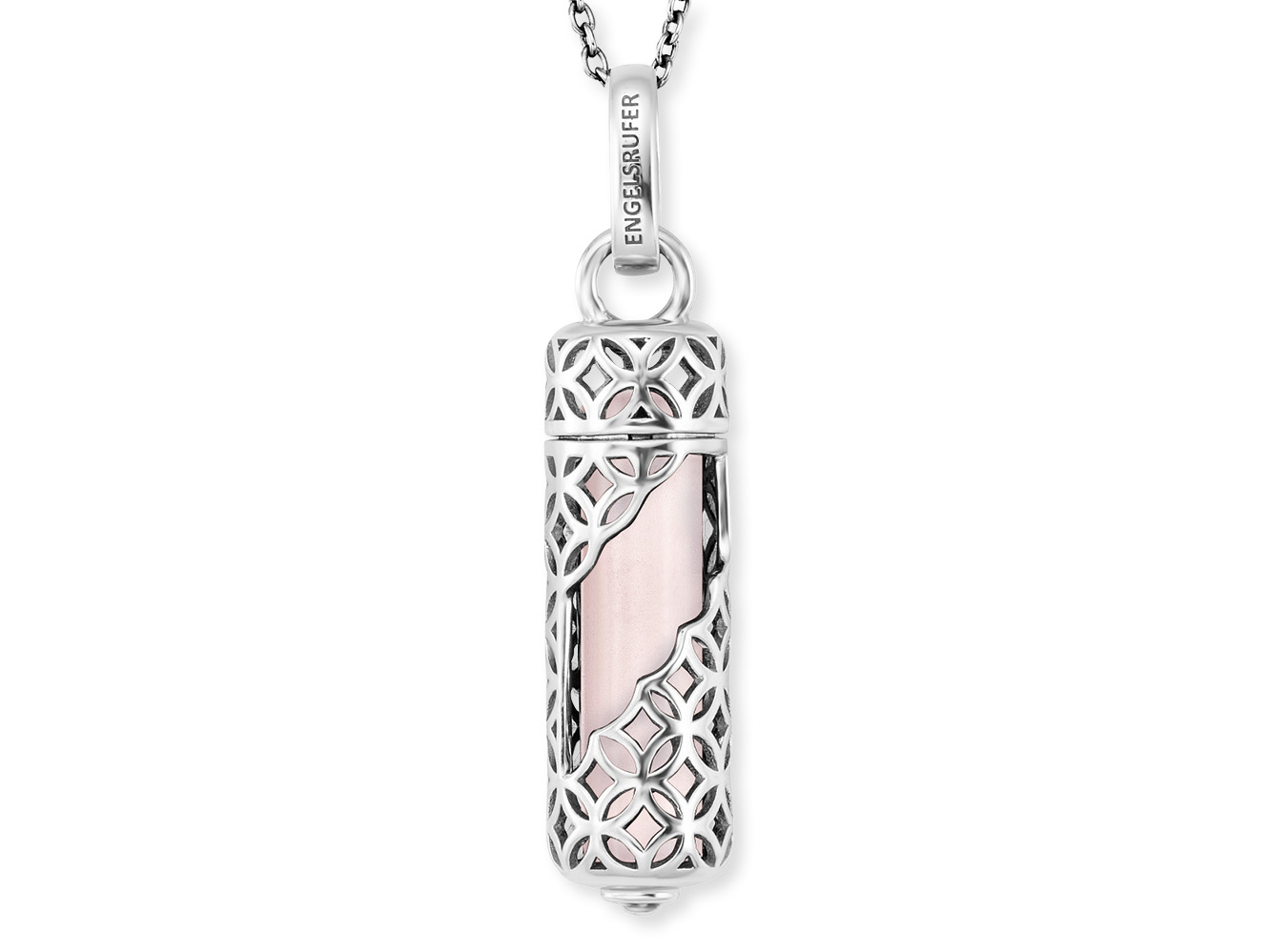Engelsrufer ERN-HEAL-RQ-M HEAL Kette Powerful Stone - Kraftstein - Rosenquarz - Silber rhod. & Rosa 50cm Gr. M Eine elegante Silberkette mit einem filigranen Anhänger, der einen Rosenquarz-Kraftstein in einem geschlossenen Design zeigt, perfekt für jeden Anlass und mit einer Länge von 50 cm.