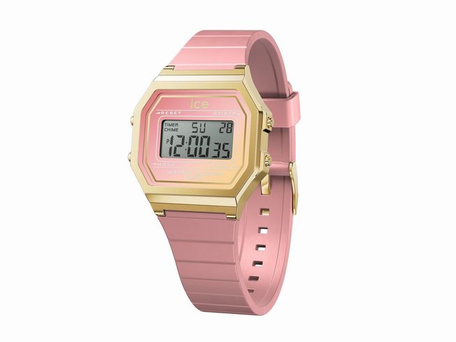 50441417-0 Ice Watch Uhr 022715 ICE digit retro sunset Coral Dreamscape Small mit einem pinken Silikonarmband und goldenen Details, digitales Ziffernblatt zeigt Uhrzeit und Datum.