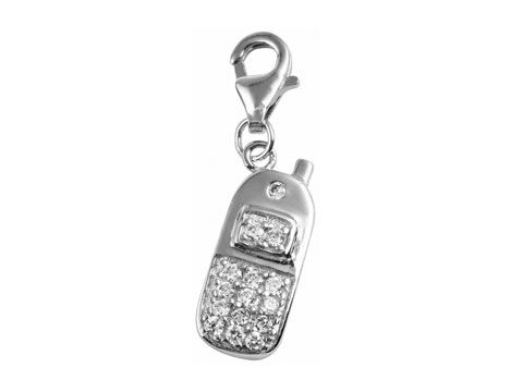 Sterling Silber Handy Charm Anhänger mit Zirkonia von Juwelier Harnisch, ausgestattet mit Karabiner. Schickes Design für individuelle Schmuckstücke.