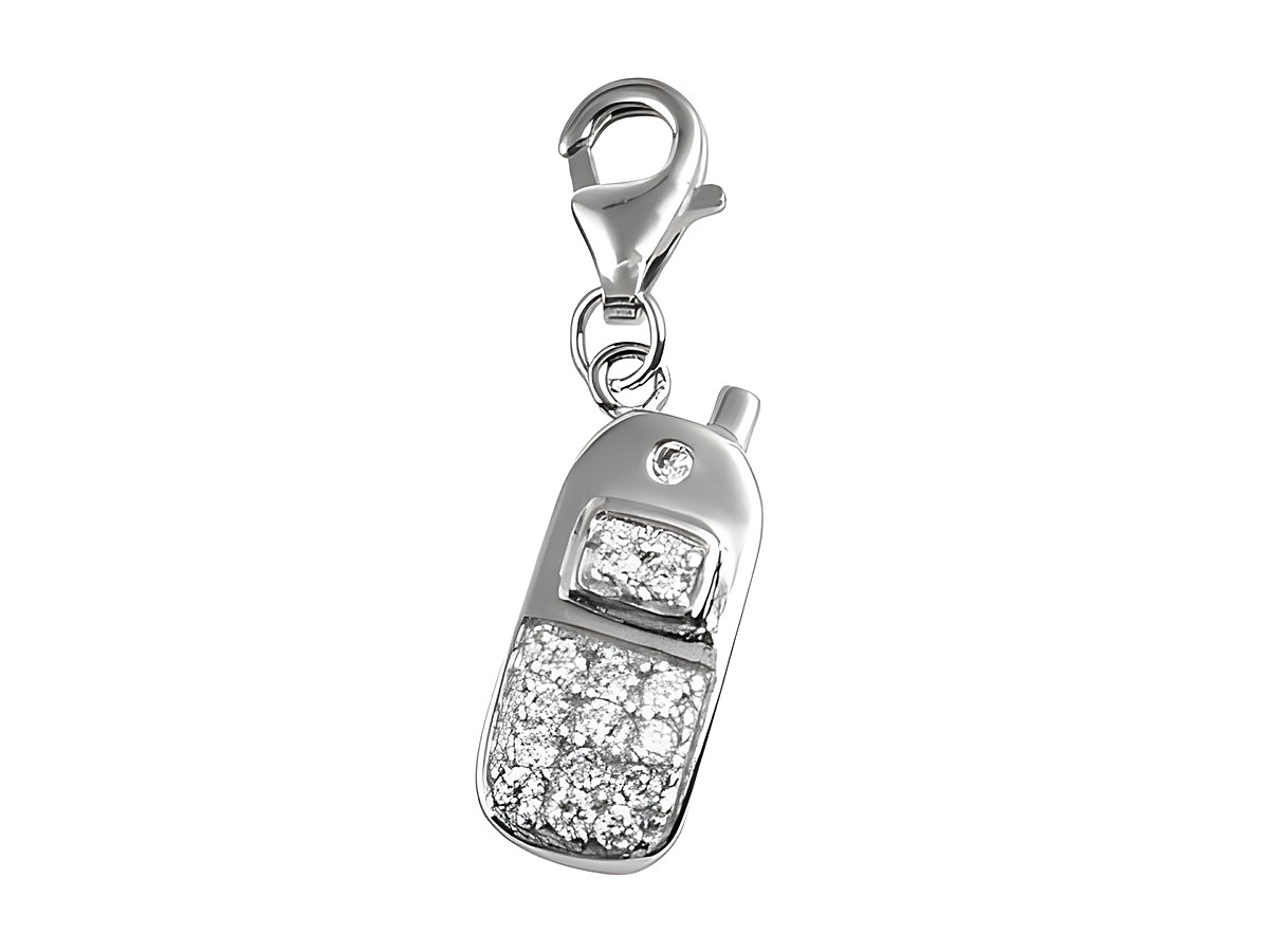 Sterling Silber Handy Charm Anhänger mit Zirkonia von Juwelier Harnisch, ausgestattet mit Karabiner. Schickes Design für individuelle Schmuckstücke.