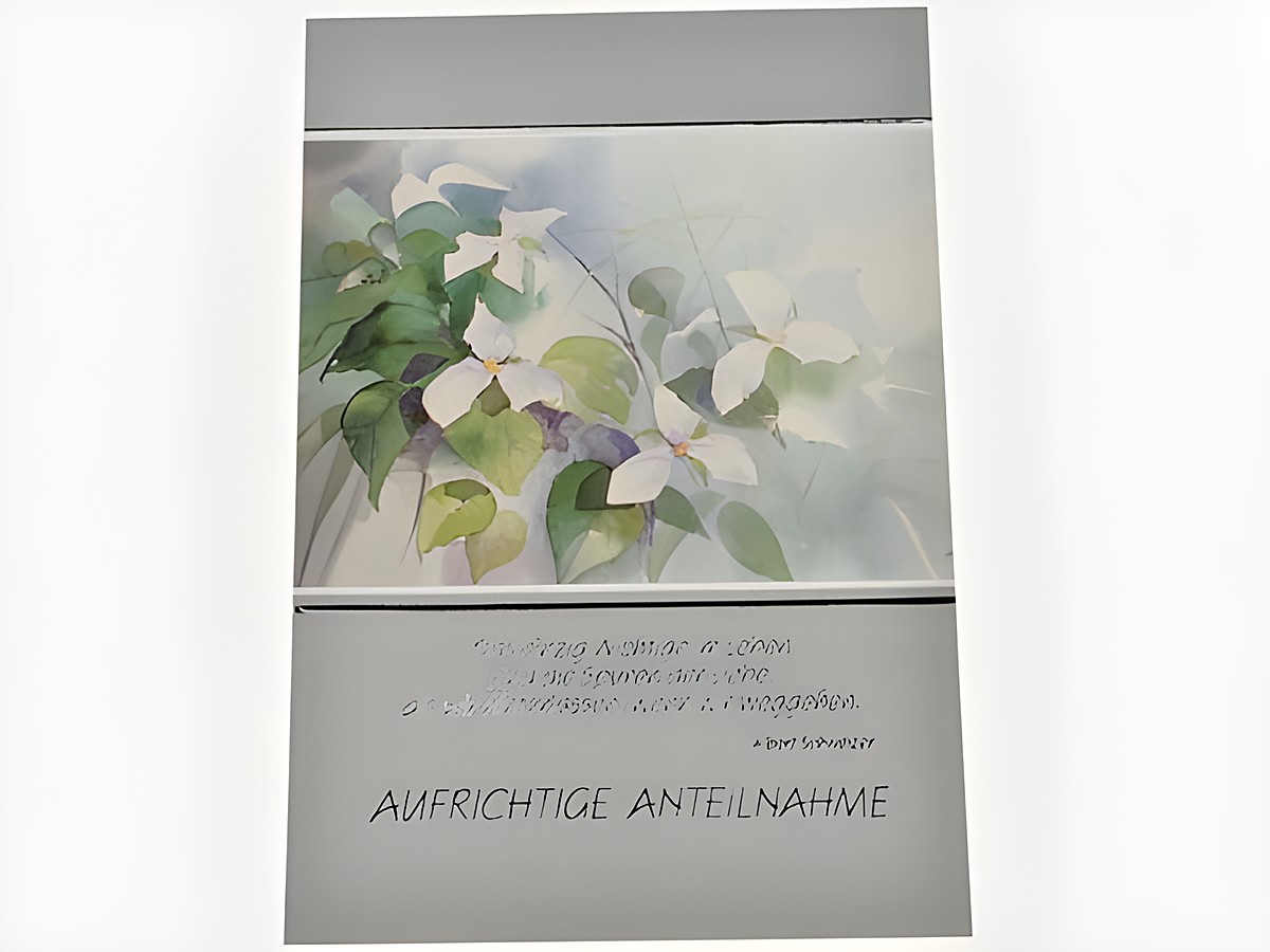 Trauerkarte mit sanfter Aquarellillustration von Blüten und Blättern, versehen mit dem Text Aufrichtige Anteilnahme, Hersteller Juwelier Harnisch.