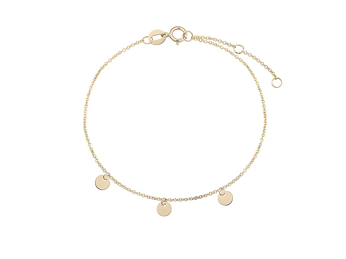 Gelbgold 585 poliertes Armband von Xenox mit einer Länge von 15-18 cm, verziert mit drei kleinen runden Anhängern, elegant und schlicht für jedes Handgelenk.