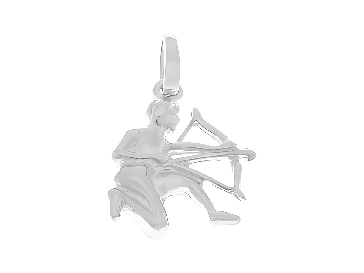 Schütze Sternzeichen Anhänger aus 925 Sterling Silber poliert, dargestellt als stilisierte Figur mit einem Bogen. Hersteller Juwelier Harnisch, Schütze.