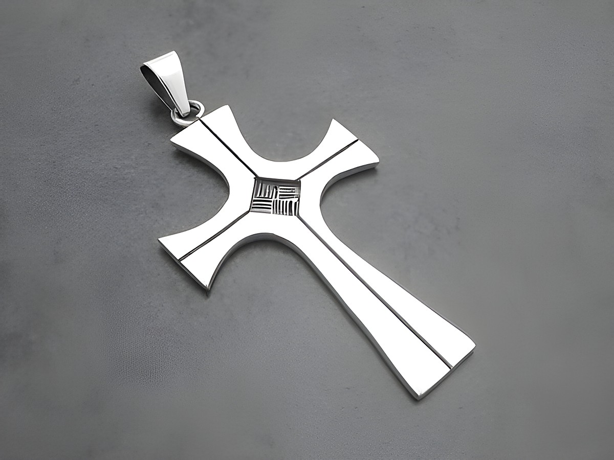 Kreuz Overlaytechnik 925 Sterling Silber Anhänger von Juwelier Harnisch mit dekorativem Muster, elegant verarbeitet und für verschiedenste Anlässe geeignet.