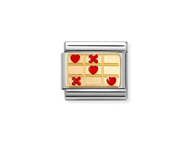 Edelstahlplatte mit goldenem Hintergrund und rotem Herz-Design, auf der ein liebevolles Motiv mit Herzen und einem Kreuz dargestellt ist, von Hersteller Nomination, Modell 030284 71.