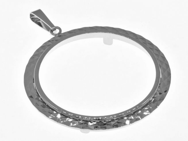 Münzfassung Anhänger im Diamantschliff, 37,5 mm max. Münzen Durchmesser, aus echtem Silber rhodiniert, für Münzen bis 4,0 cm, Hersteller Juwelier Harnisch.