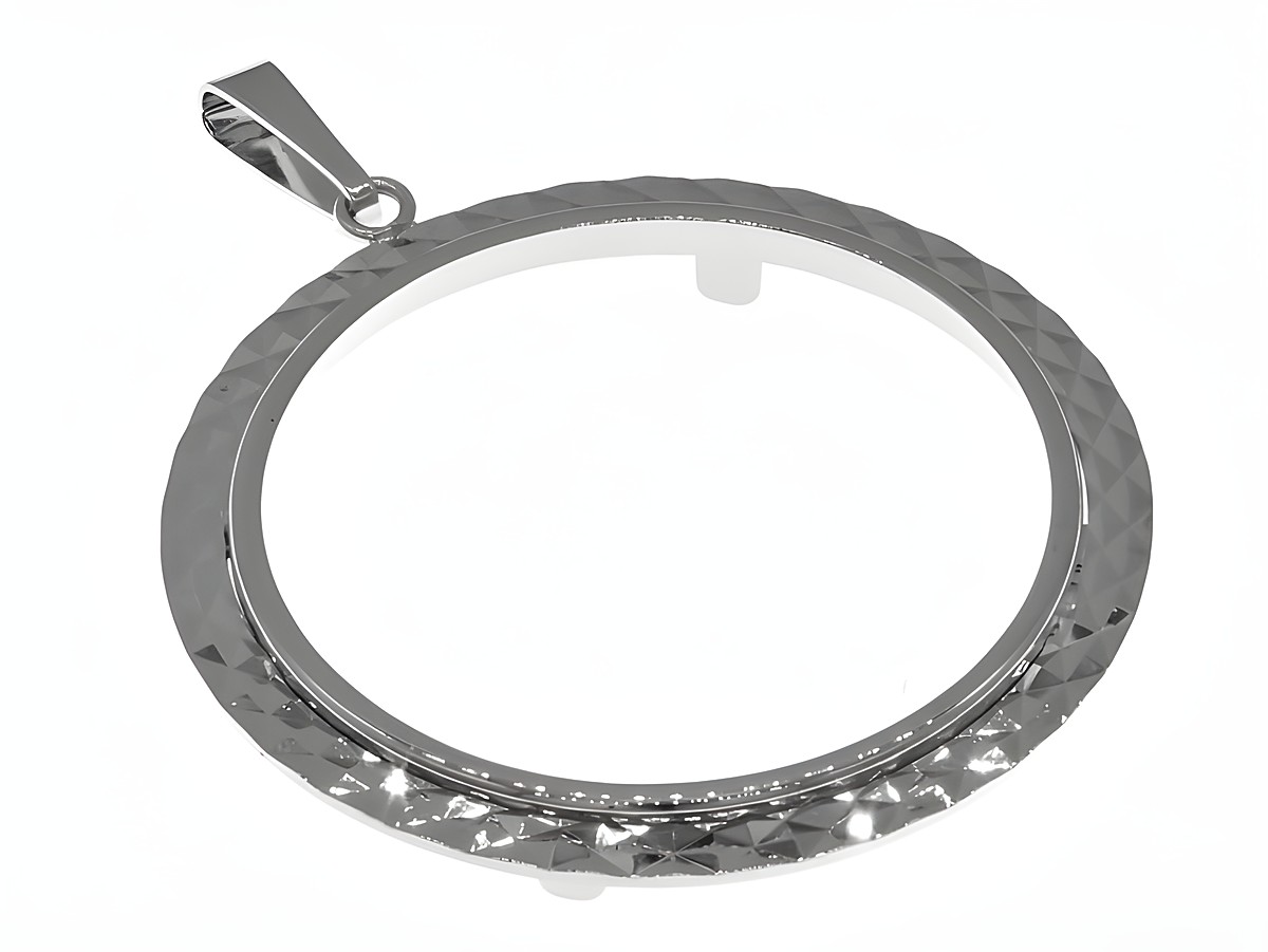 Münzfassung Anhänger im Diamantschliff, 37,5 mm max. Münzen Durchmesser, aus echtem Silber rhodiniert, für Münzen bis 4,0 cm, Hersteller Juwelier Harnisch.