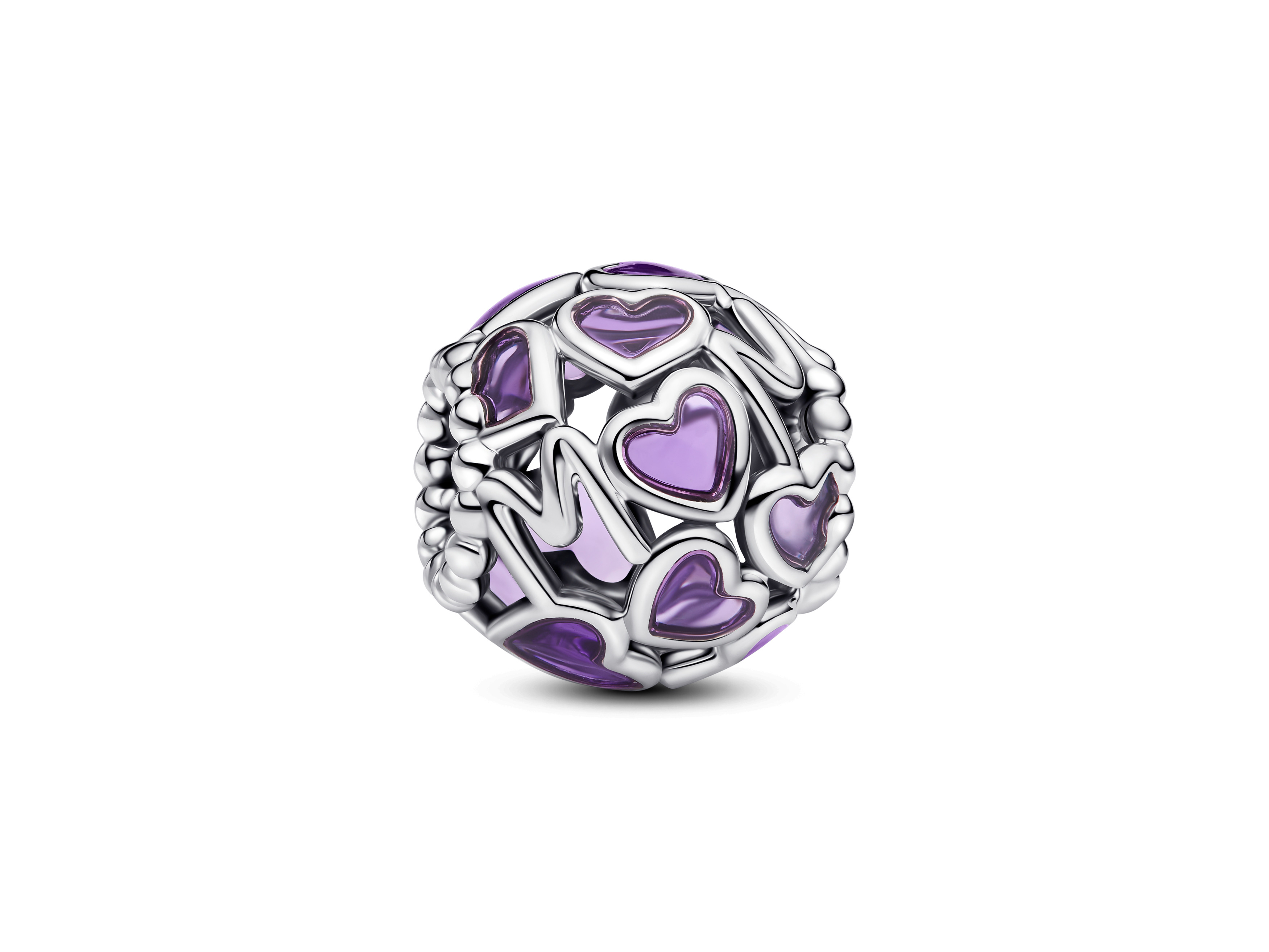 Pandora 793772C01 Charm - Durchbrochene Herzen Mom - Sterling Silber Emaille Purple Charm von Pandora mit durchbrochenem Herzen-Design in Silber und lila Emaille, ideal als Geschenk für Mütter, elegant und stilvoll, perfekt für Armbänder und Schmuckkollektionen.