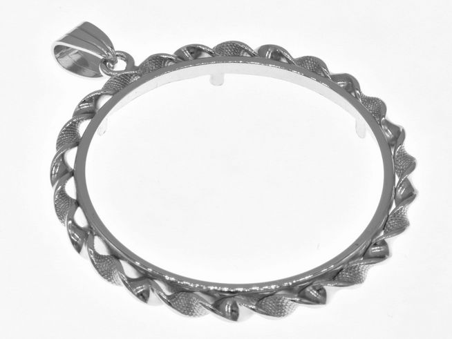 Münzfassung Anhänger aus rhodiniertem 925 Sterling Silber mit einer maximalen Münzgröße von 37 mm Durchmesser und einer Kordel für bis zu 4 cm Münzen.