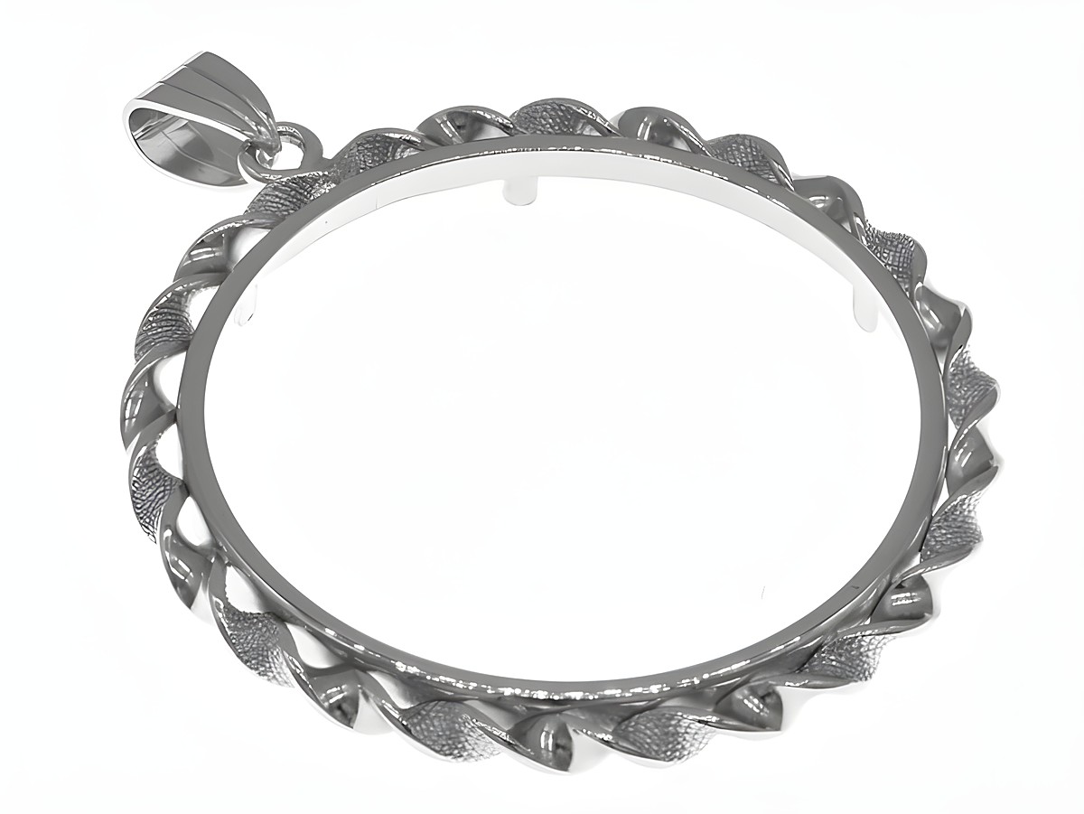 Münzfassung Anhänger aus rhodiniertem 925 Sterling Silber mit einer maximalen Münzgröße von 37 mm Durchmesser und einer Kordel für bis zu 4 cm Münzen.