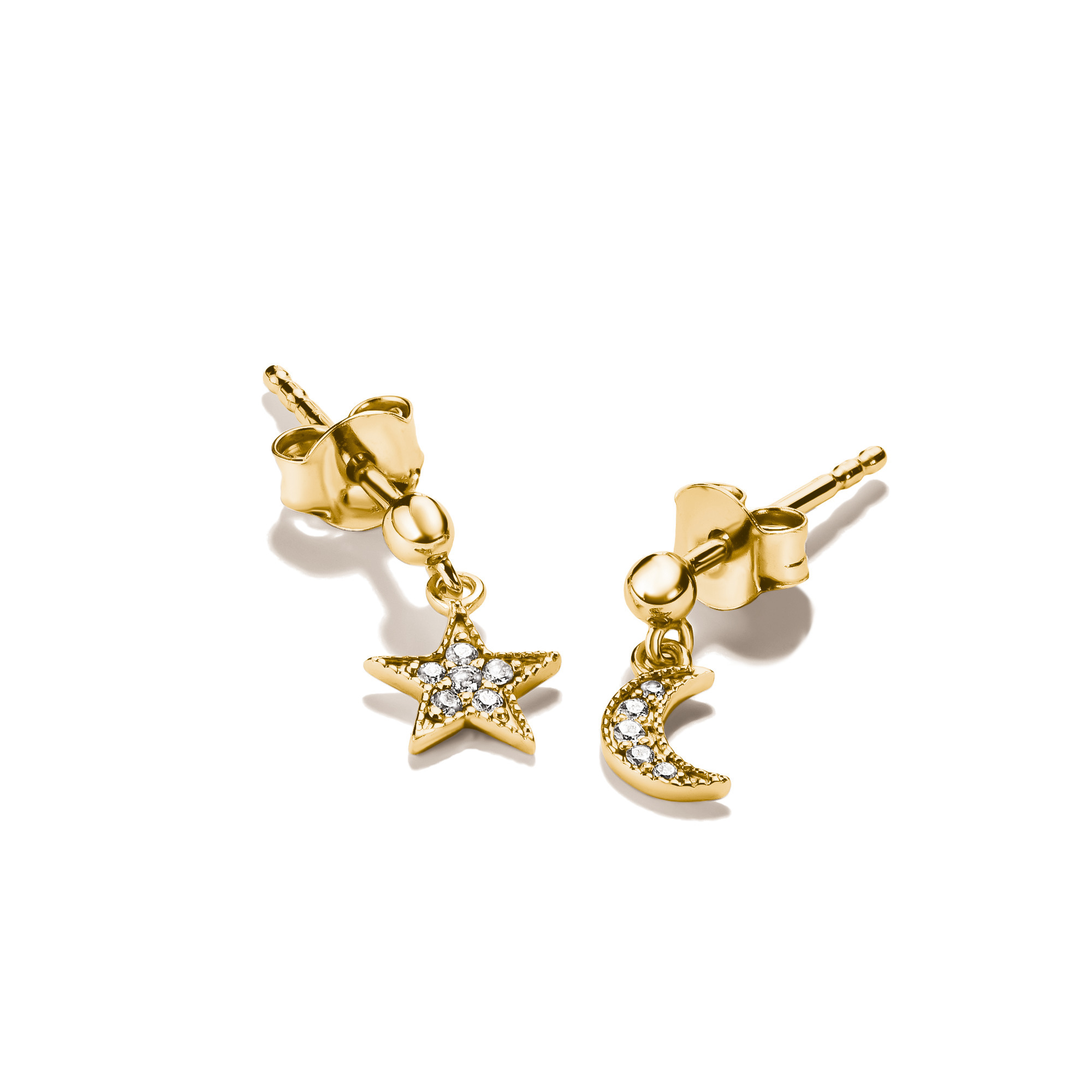Ohrstecker von Thomas Sabo in 18k Gelbgold Vergoldung, gestaltet als Mond und Stern mit funkelndem Zirkonia, ideal für stilbewusste Frauen, neue Kollektion.