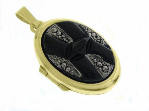Schwarzes Design Medaillon mit Cabochon aus Gold 585, verziert mit Ziersteinen, hergestellt von Juwelier Harnisch, elegantes und stilvolles Schmuckstück.