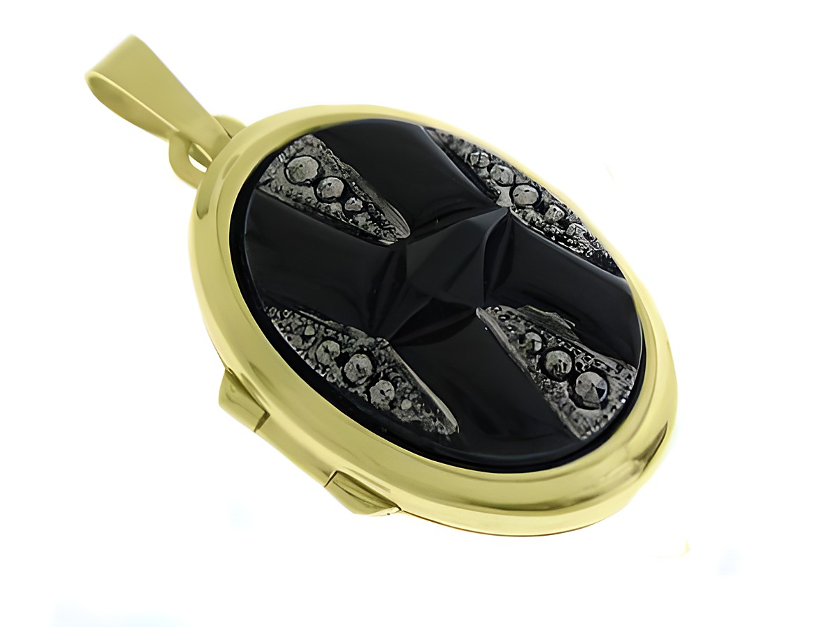 Schwarzes Design Medaillon mit Cabochon aus Gold 585, verziert mit Ziersteinen, hergestellt von Juwelier Harnisch, elegantes und stilvolles Schmuckstück.
