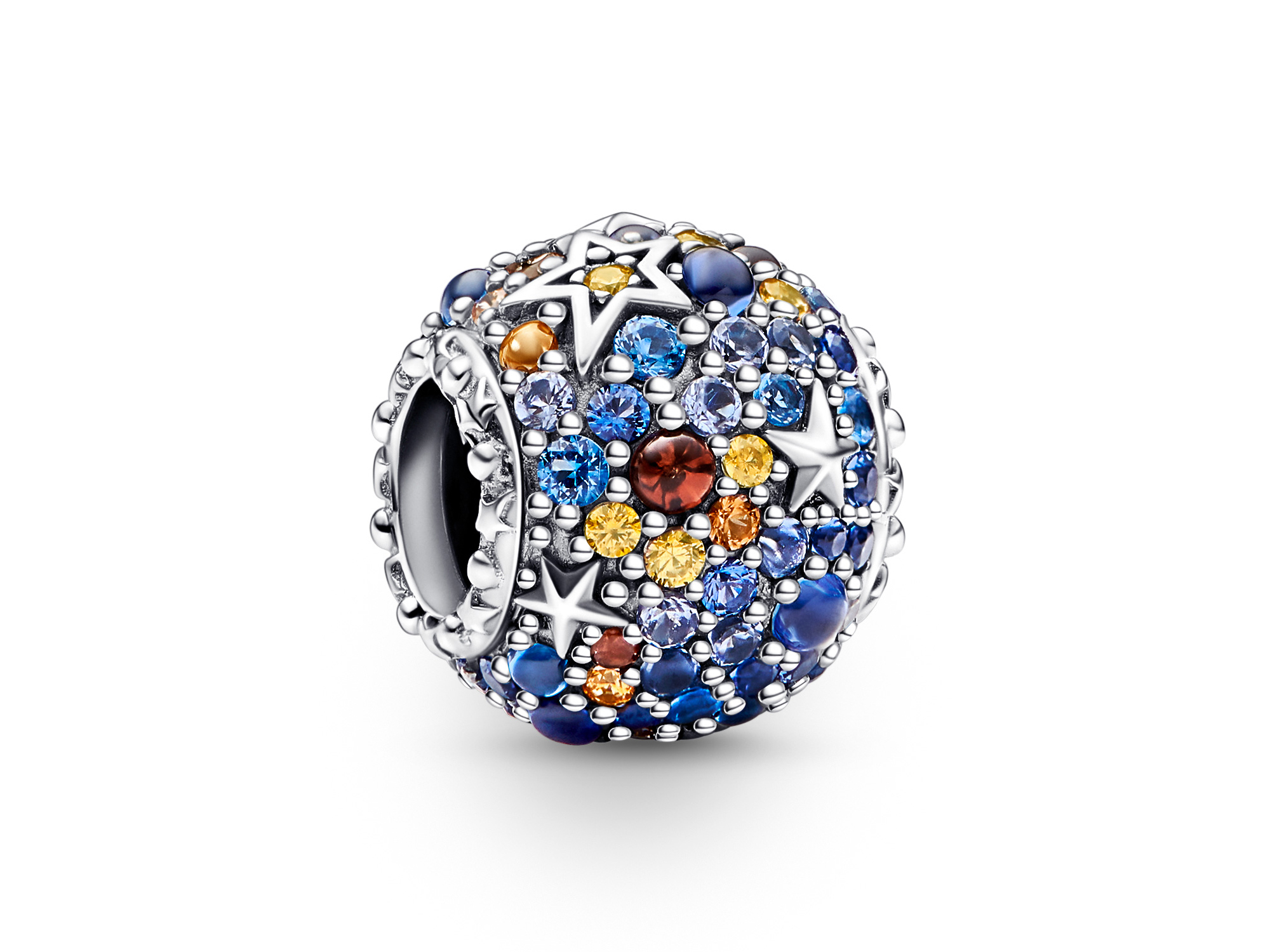 Pandora 792436C01 Charm Planet Merkur aus Sterling Silber mit buntem Steinmix, verziert mit funkelnden Elementen in Blau, Gelb, Orange und Silberfunkeln, für eine stilvolle Ergänzung.