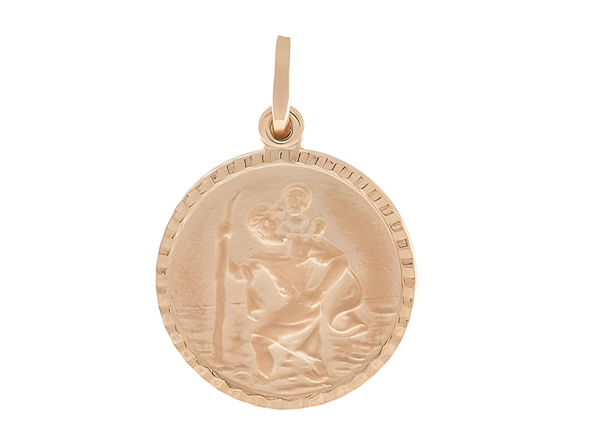 Anhänger Christophorus aus rosé vergoldetem Sterling Silber, zeigt den Schutzpatron, detailreiche Darstellung in runder Form mit eingraviertem Motiv. Ideal als persönliches Amulet.