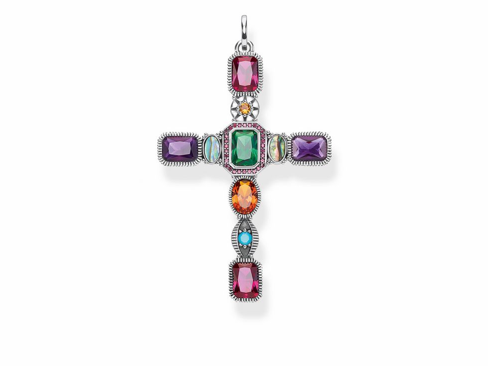 Thomas Sabo Anhänger PE859-294-7 in Kreuzform aus Sterling Silber mit bunten Abalone Perlmutt-Elementen, verz adorned mit verschiedenen farbigen Steinen und einem stilvollen Design.