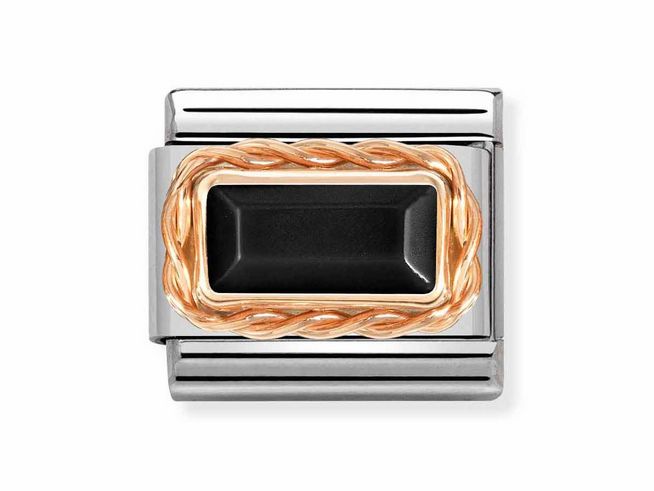 Edelstein Baguette-Schliff in Kordelfassung aus 375 Roségold mit schwarzem Achat, umgeben von einem eleganten Edelstahlrahmen, ideal für Schmuckliebhaber.