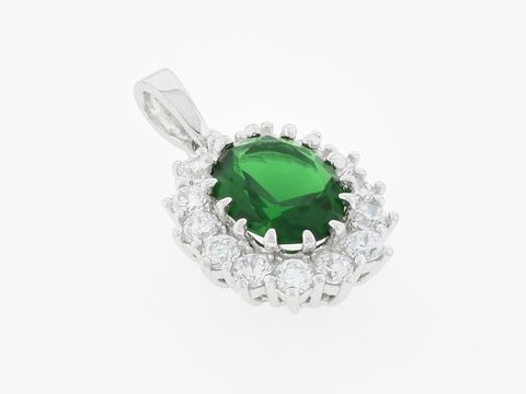 301383-0 Silber Anhänger oval ausdruckstark mit grünem Zirkonia, umgeben von funkelnden klaren Zirkonia. Hersteller Juwelier Harnisch. Ideal für elegante Akzente im Schmuck.