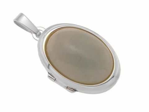 Amazonit schlicht Cabochon in rhodiniertem Sterling Silber Medaillon, Hersteller Juwelier Harnisch, elegantes Design mit glänzender Oberfläche und ovaler Form.