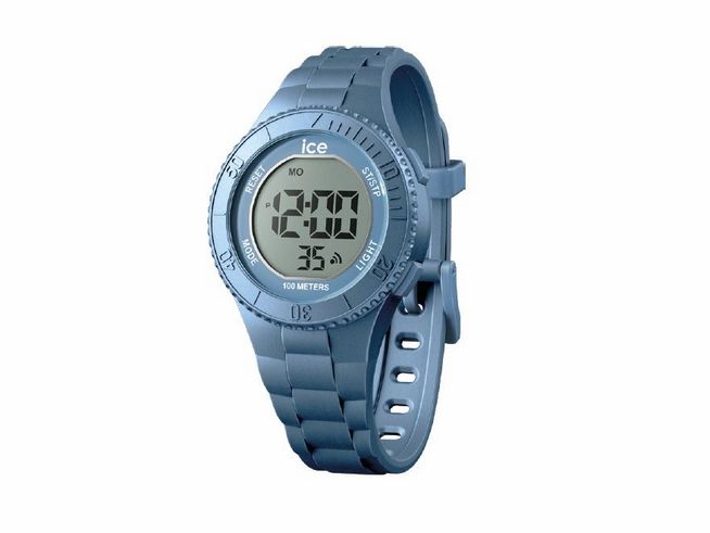 Blaumetallic Ice Watch ICE digit mit digitaler Anzeige, robustem Gehäuse und Kunststoffarmband, geeignet für Wassersport bis 100 Meter, modernes Design für jeden Anlass.