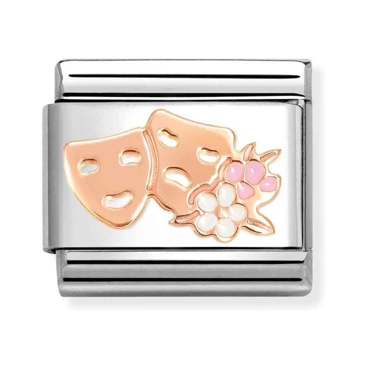 Nomination Composable Classic Charm Theatermasken mit Blumen - Edelstahl, Gold 375 Roségold, Emaille