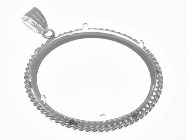 Münzfassung Anhänger aus 925 Sterling Silber mit einer maximalen Münzengröße von 36,2 mm Durchmesser, verziert mit einem gedrehten Kordeldesign, perfekt für Münzen bis 4 cm.