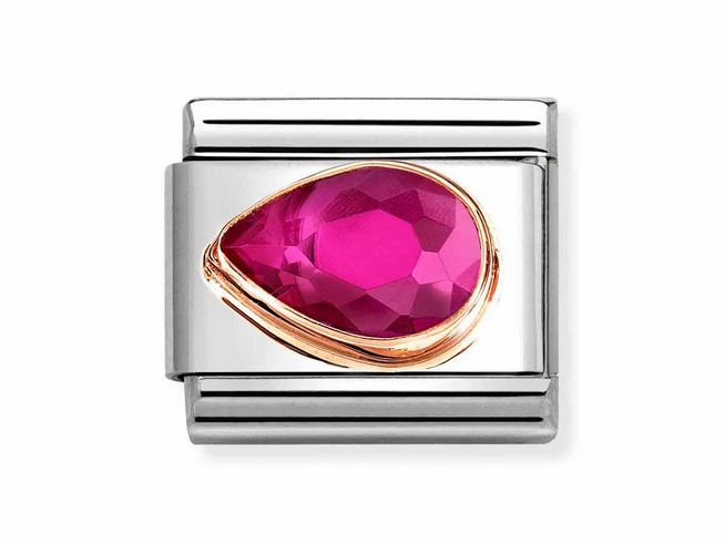 Ein elegantes Charm aus Roségold und Edelstahl mit einem pinken, tropfenförmigen Zirkonia. Das Design vereint moderne Materialien mit einem auffälligen Stein. Ideal für individuelle Armbänder.