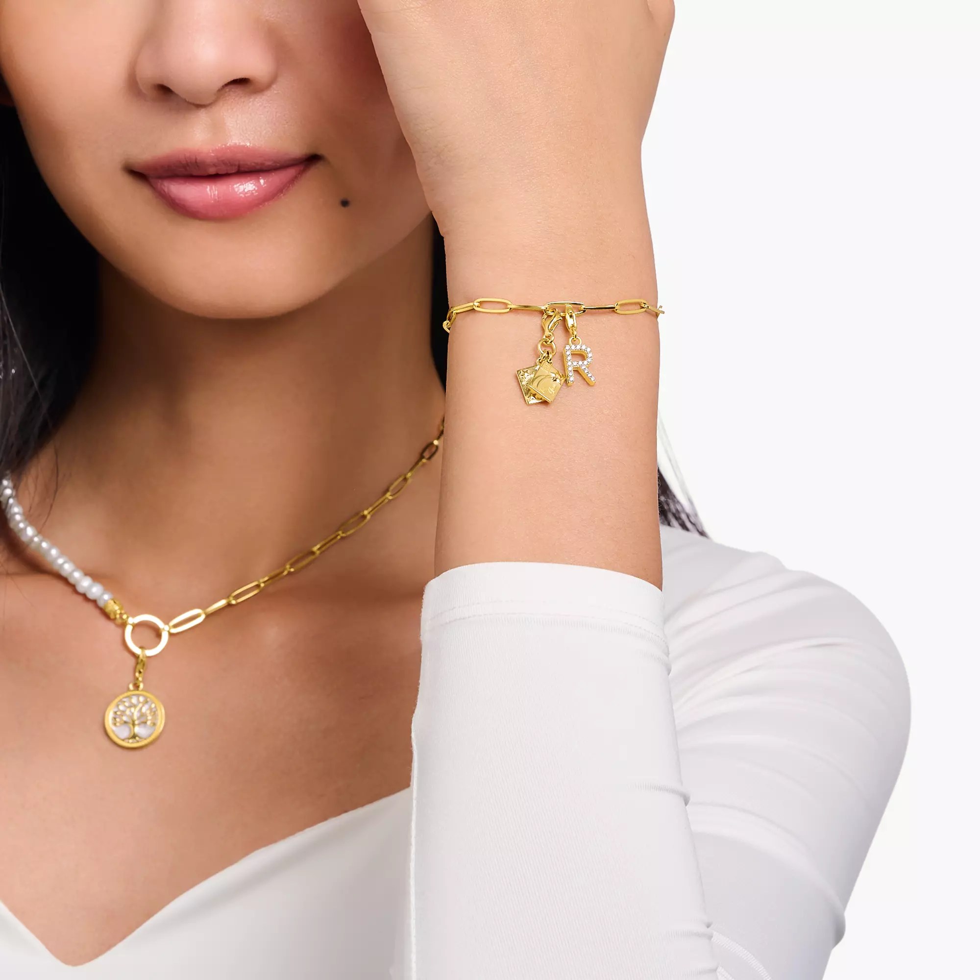 Thomas Sabo Charm-Anhänger - funkelnder Buchstabe F - Silber Gelbgold verg. & Zirkonia - Weiß – Ansicht 2